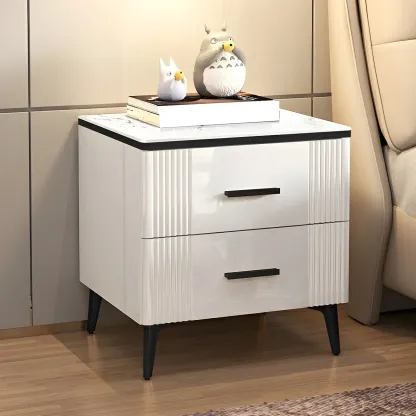 Sleek Highlight Wood Stone Top 2-Drawer Nightstand Image - 2