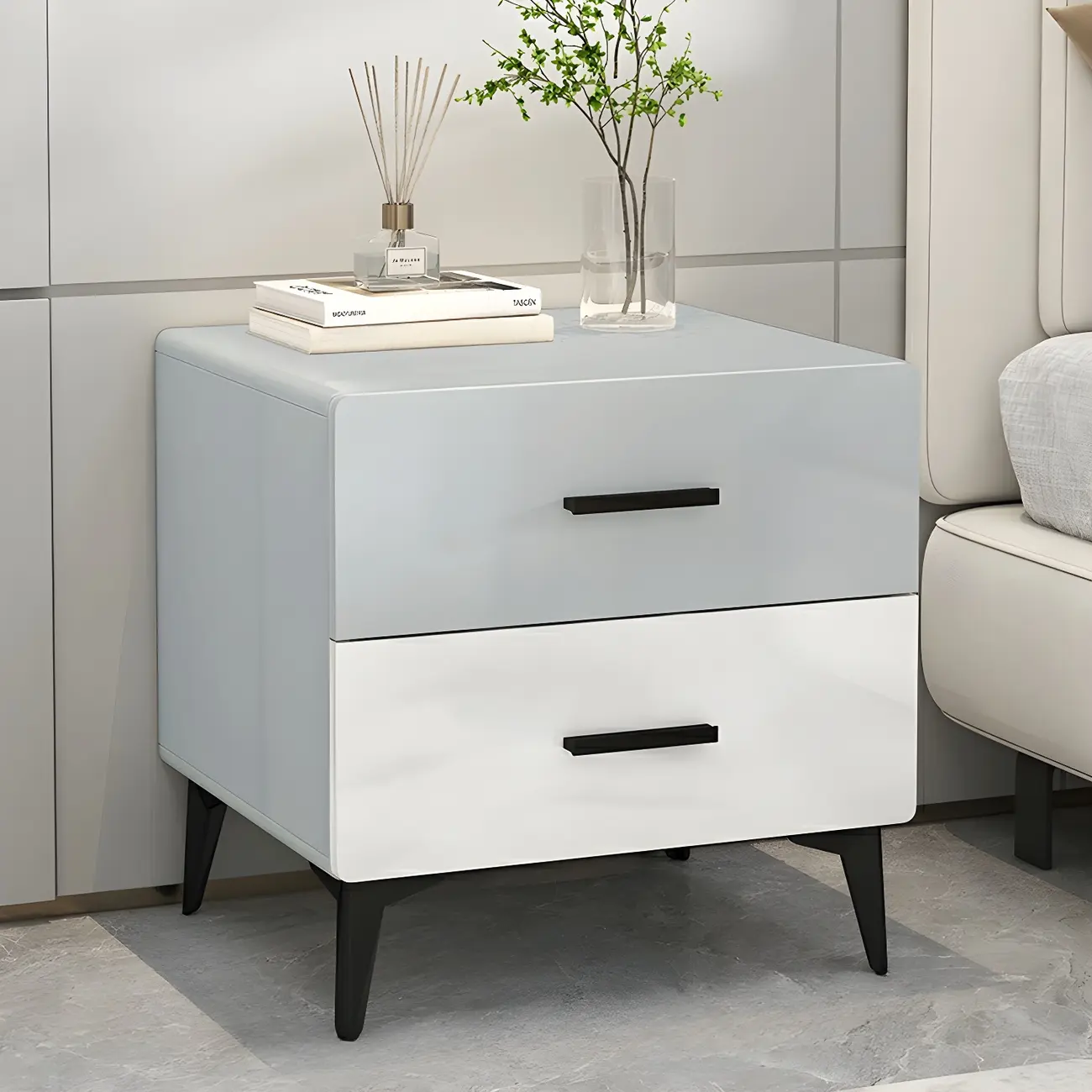 Sleek Highlight Wood Stone Top 2-Drawer Nightstand Image - 4 | homeyfad