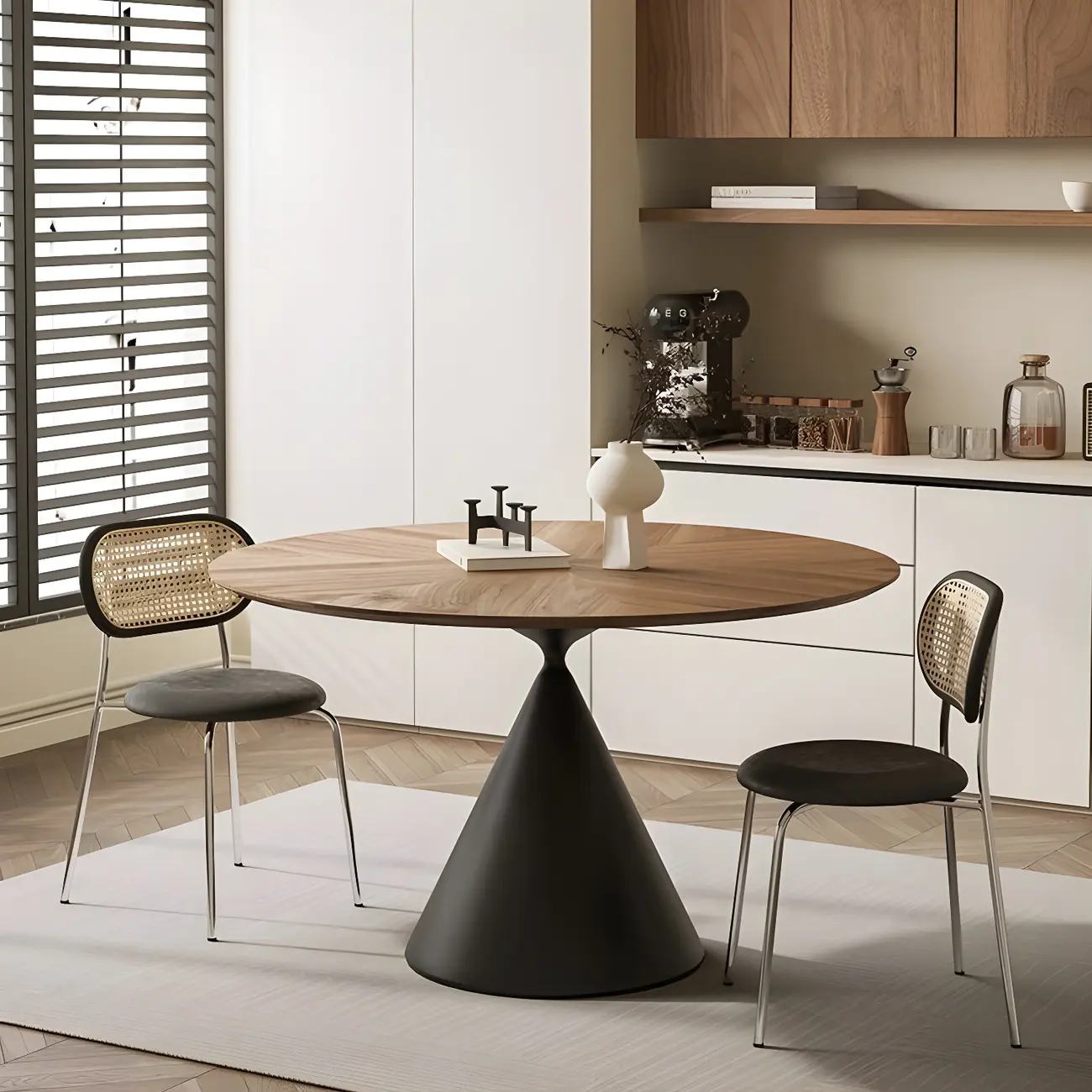 Brown Wood Round Dining Table with Black Metal Pedestal Image - 1 | homeyfad