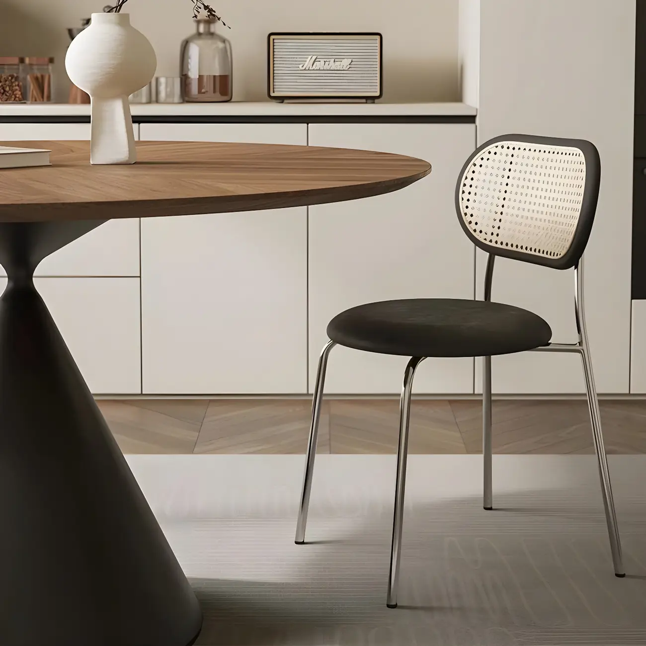 Brown Wood Round Dining Table with Black Metal Pedestal Image - 2 | homeyfad