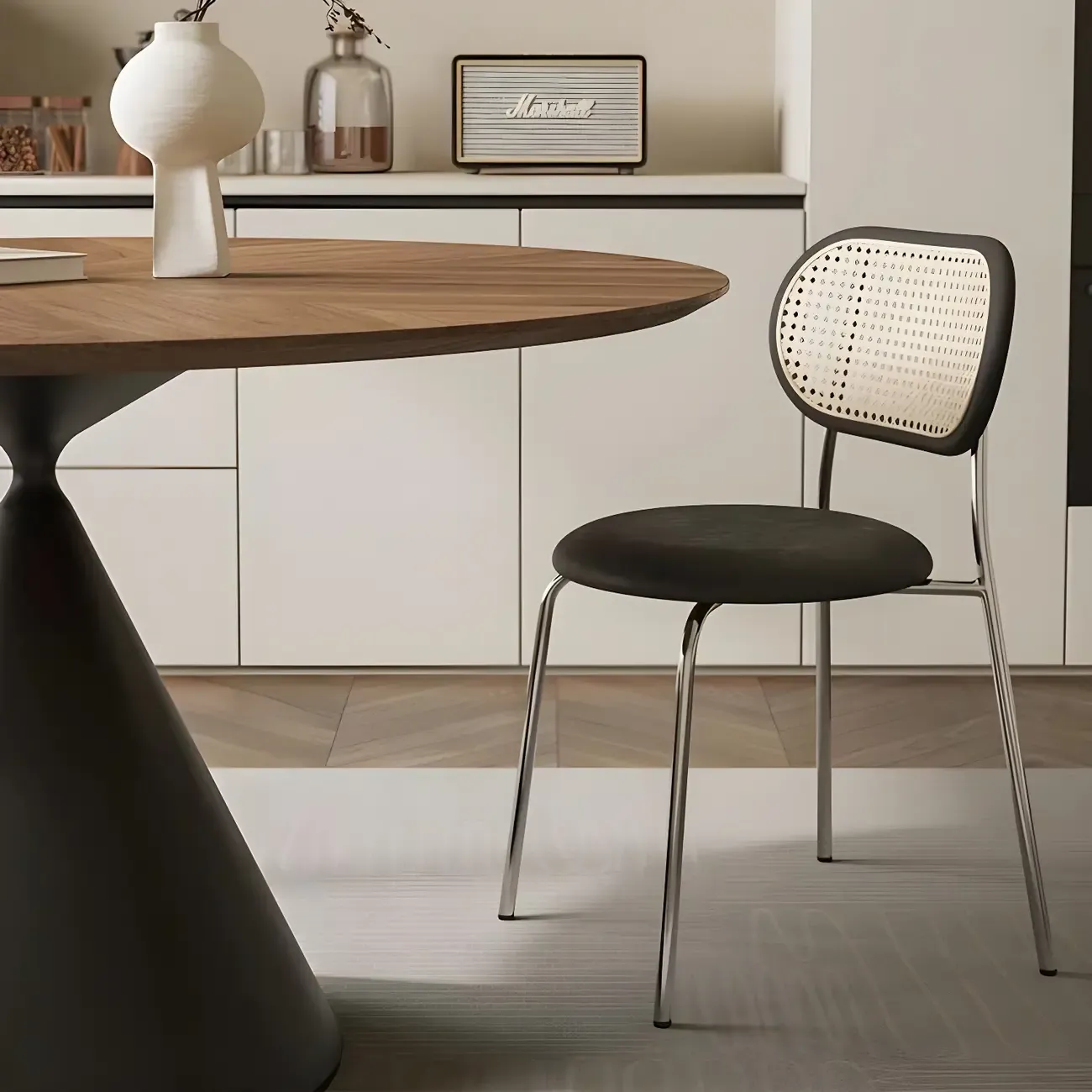 Brown Wood Round Dining Table with Black Metal Pedestal Image - 2