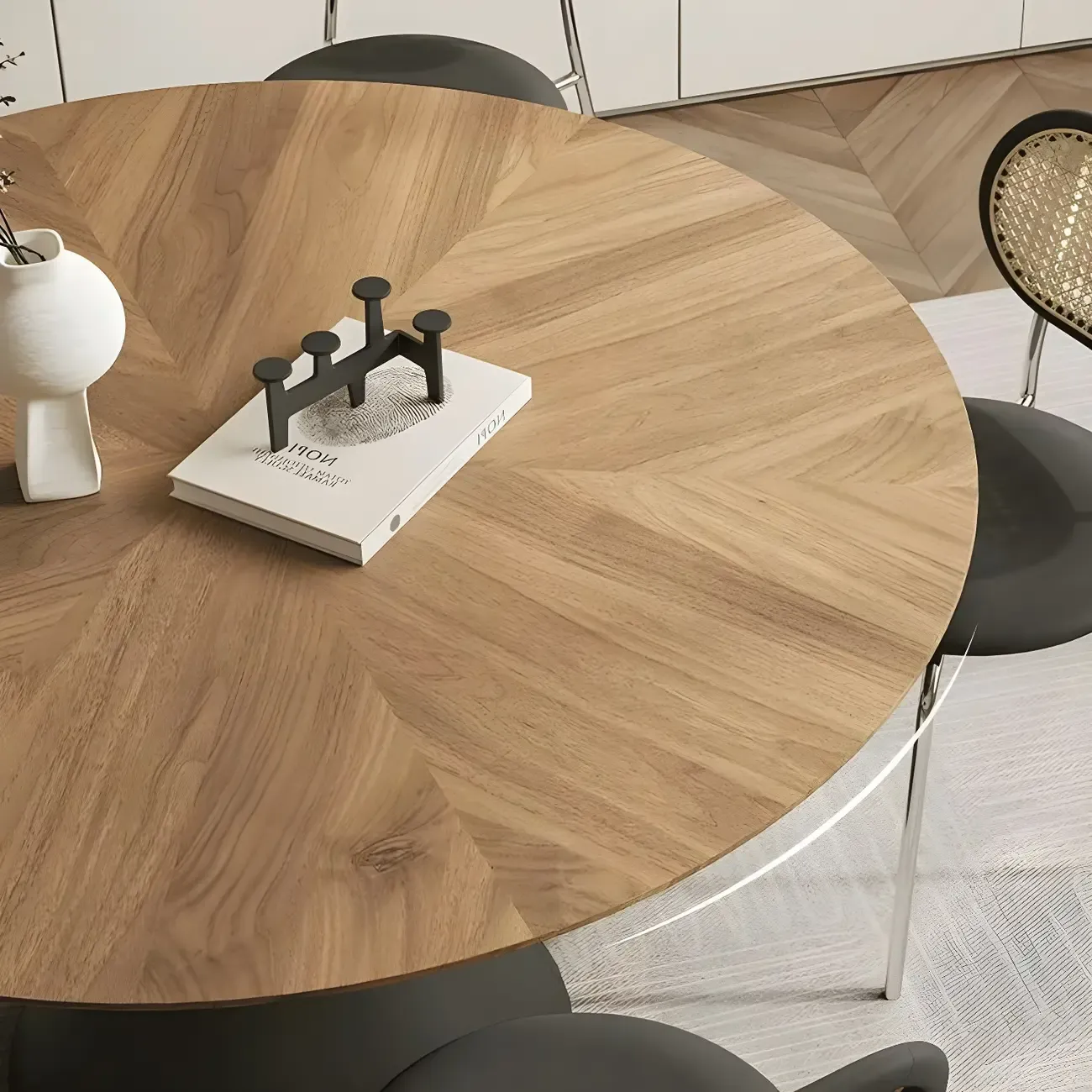 Brown Wood Round Dining Table with Black Metal Pedestal Image - 3