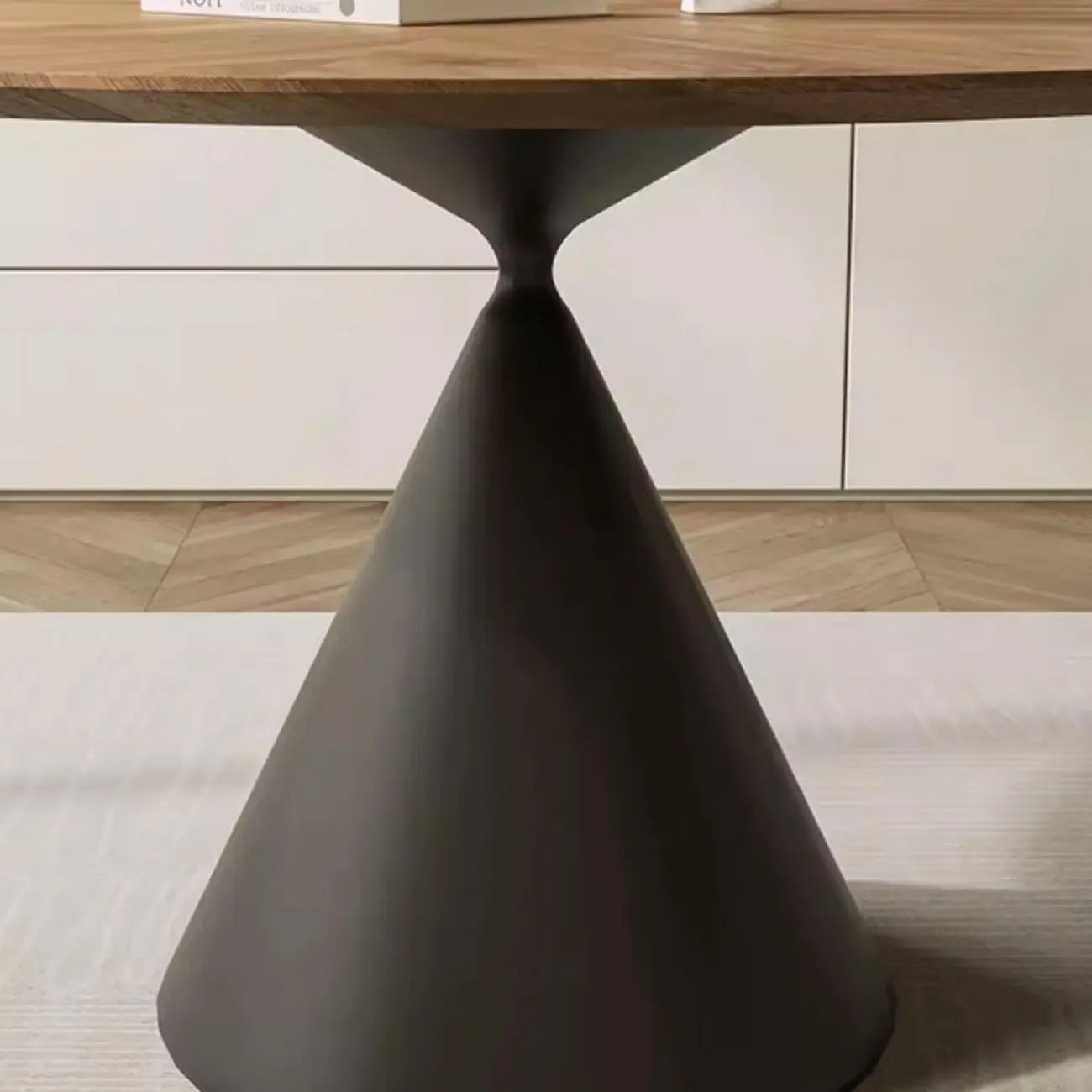 Brown Wood Round Dining Table with Black Metal Pedestal Image - 4