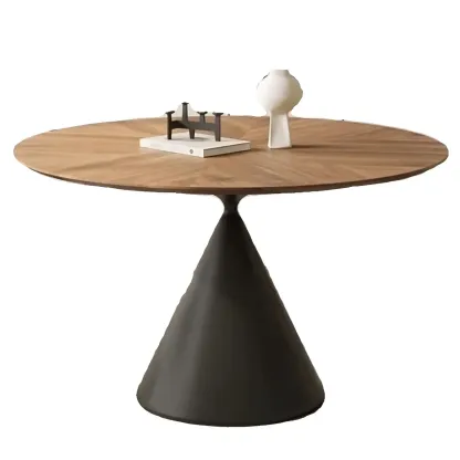 Brown Wood Round Dining Table with Black Metal Pedestal Image - 5