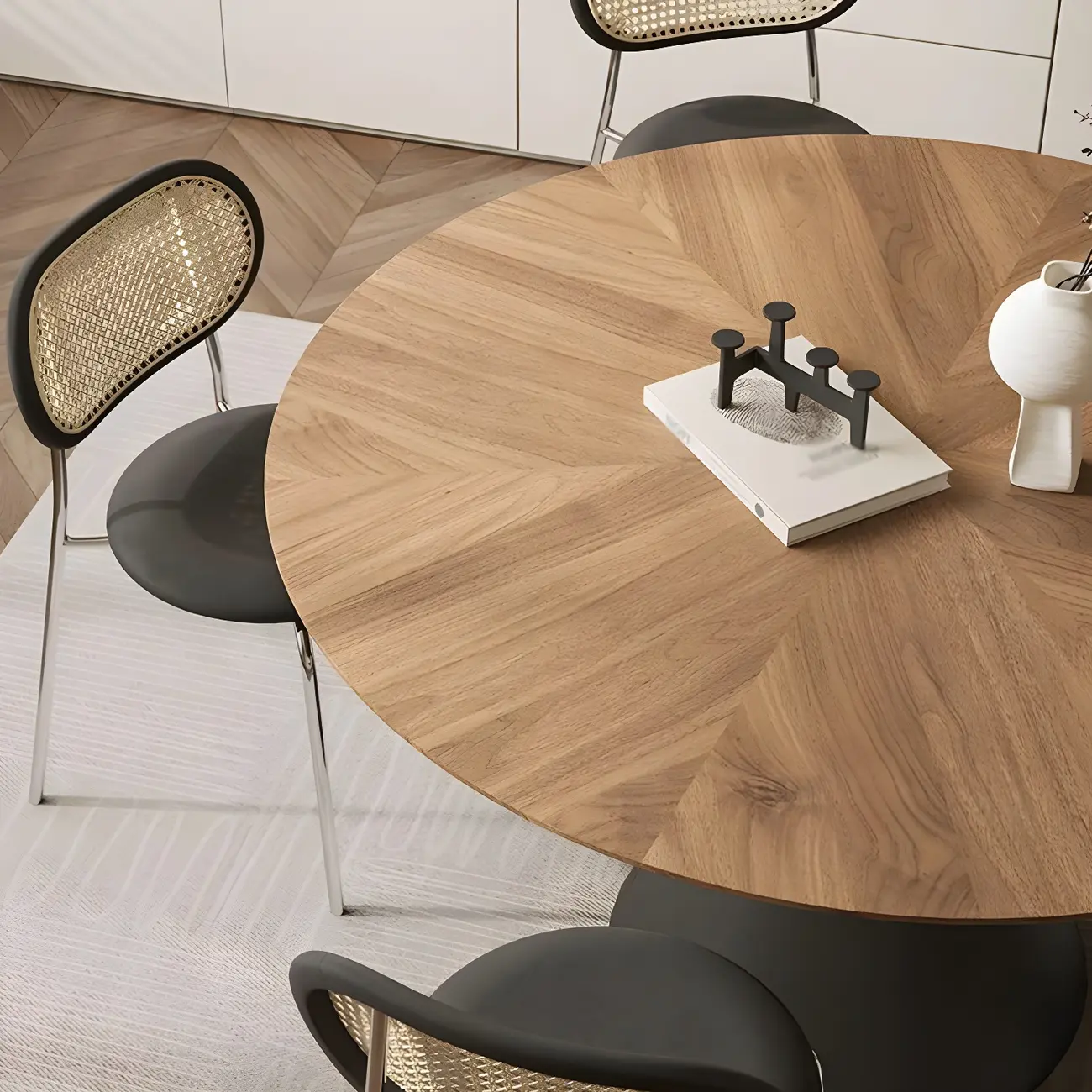 Brown Wood Round Dining Table with Black Metal Pedestal Image - 6 | homeyfad