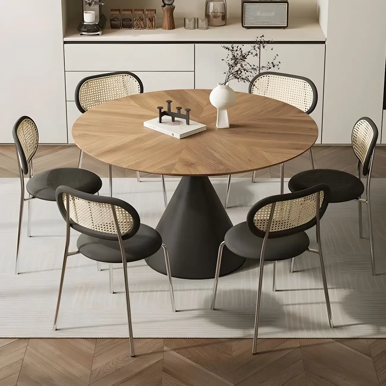Brown Wood Round Dining Table with Black Metal Pedestal Image - 7