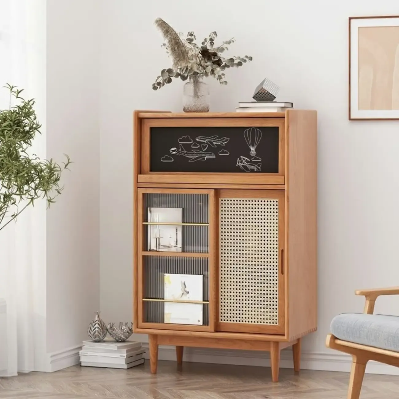 Modern Wooden Cherry Bookcase with Storage Image - 3
