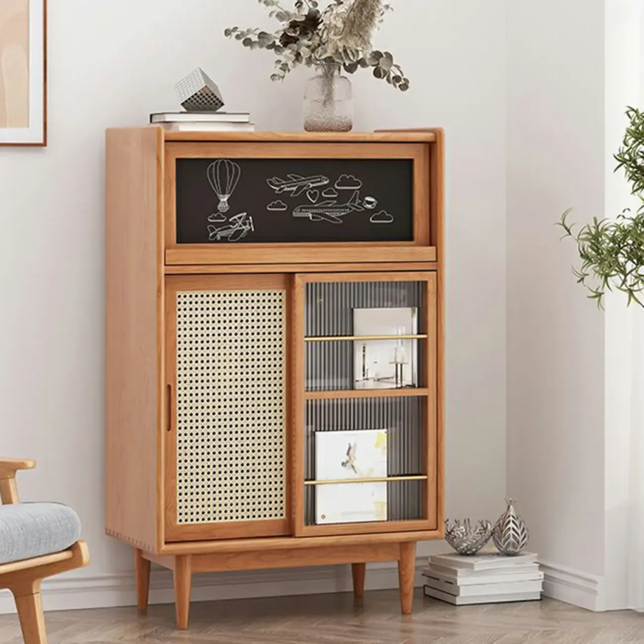 Modern Wooden Cherry Bookcase with Storage Image - 4