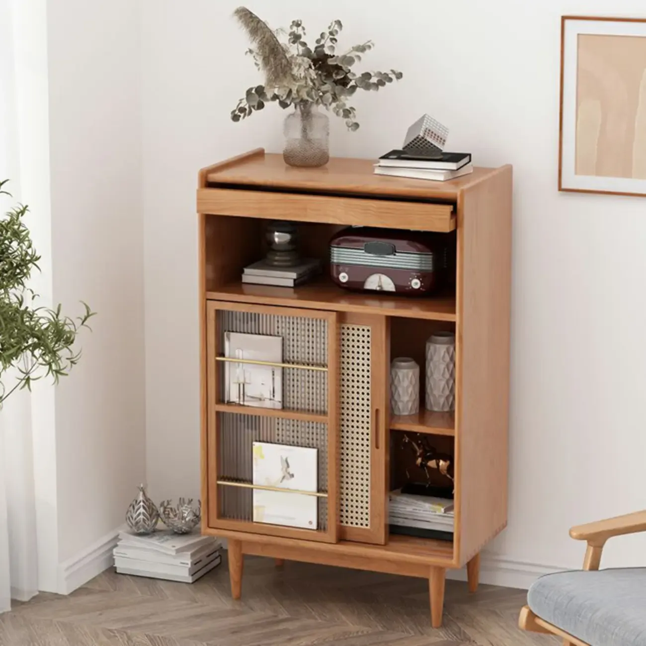 Modern Wooden Cherry Bookcase with Storage Image - 6