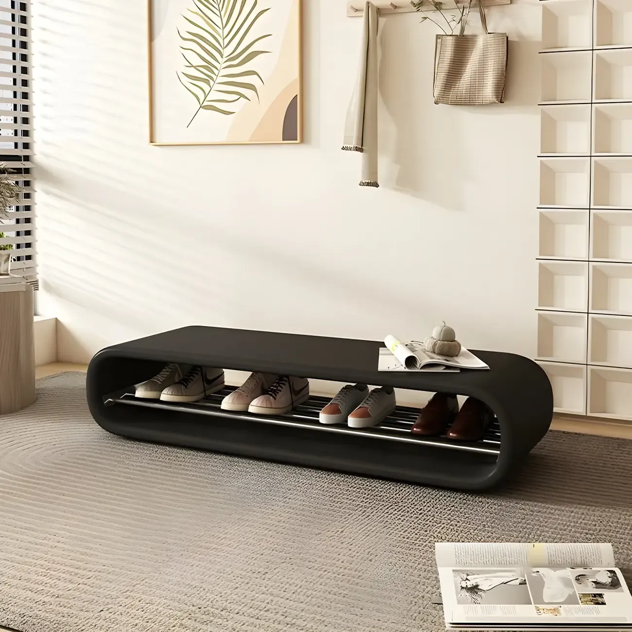 Decorative Short Oval Pine Wood Storage Entryway Bench Image - 1