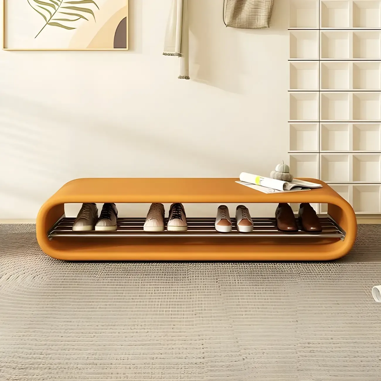 Decorative Short Oval Pine Wood Storage Entryway Bench Image - 2