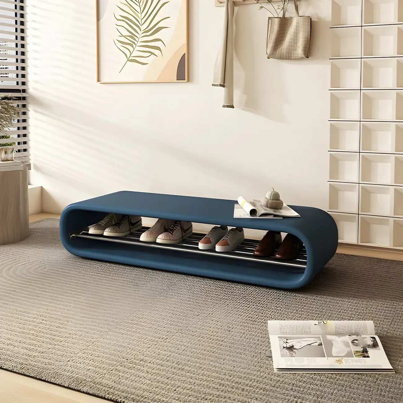 Decorative Short Oval Pine Wood Storage Entryway Bench Image - 7