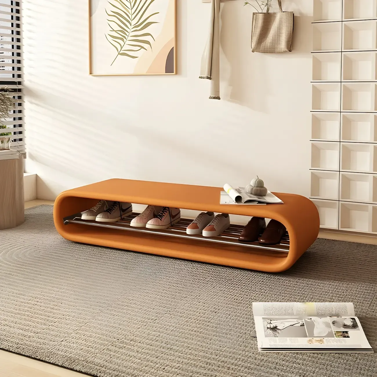 Decorative Short Oval Pine Wood Storage Entryway Bench Image - 8