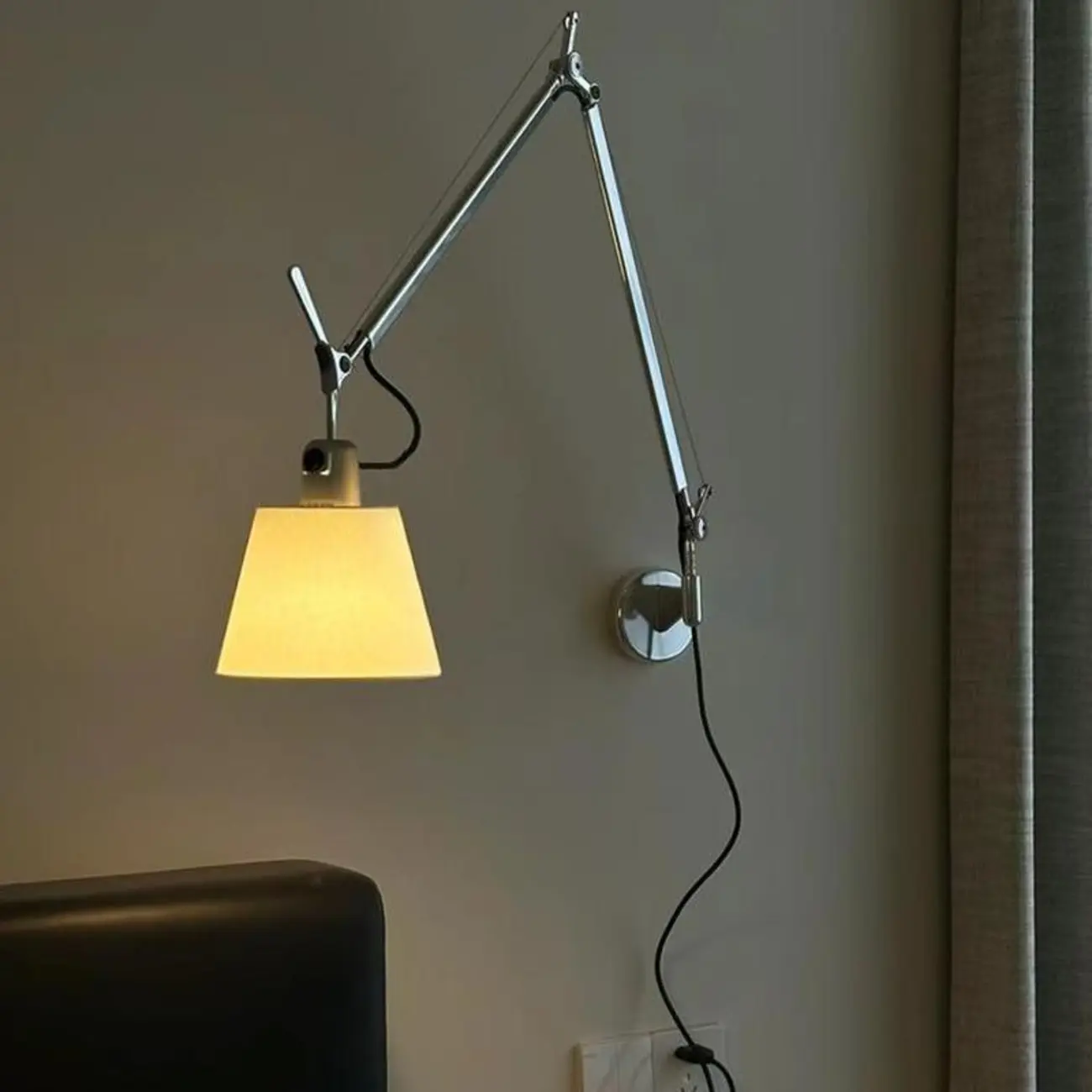 Modern Silver Swing Arm Wall Light with White Fabric Shade Image - 1 | homeyfad