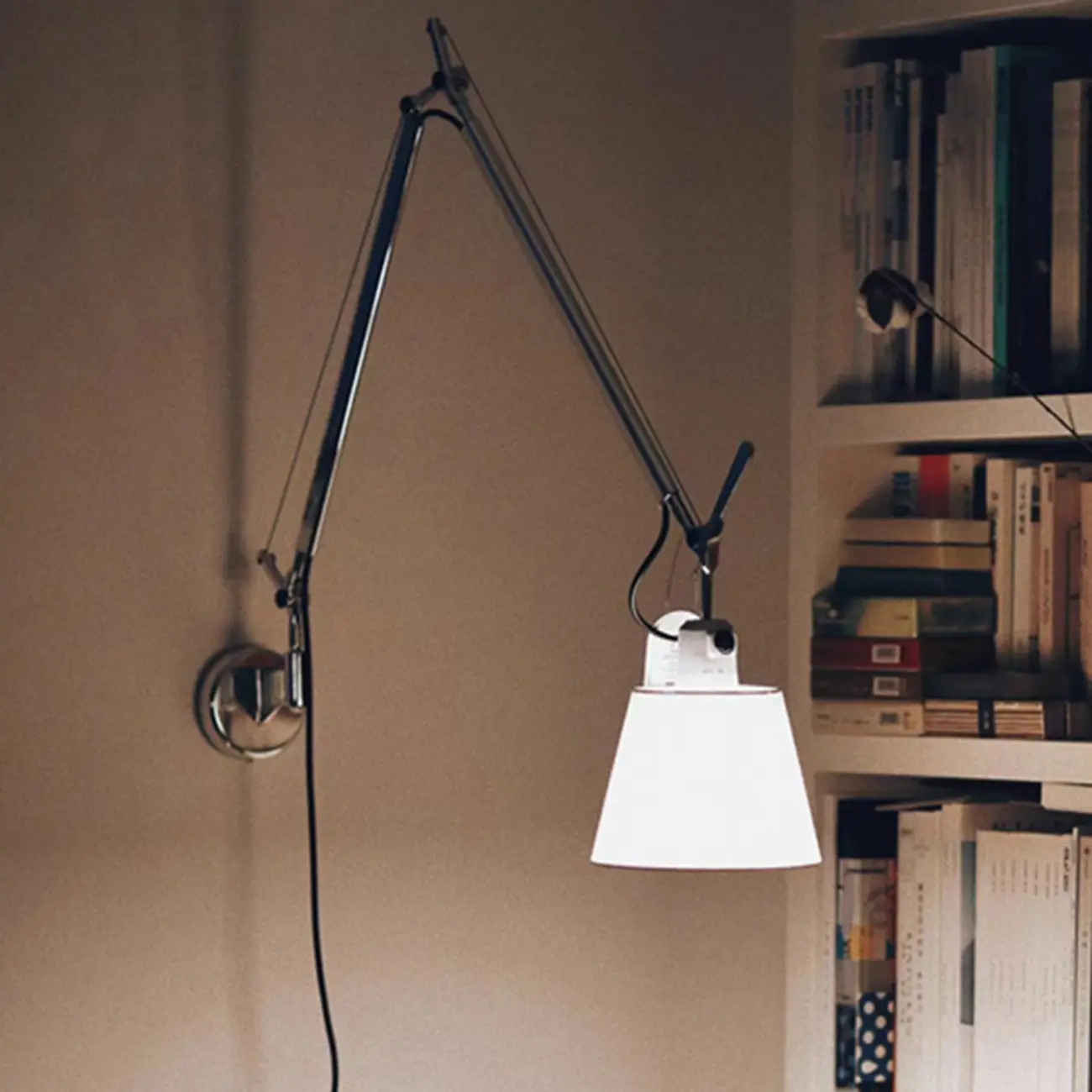 Modern Silver Swing Arm Wall Light with White Fabric Shade Image - 4 | homeyfad