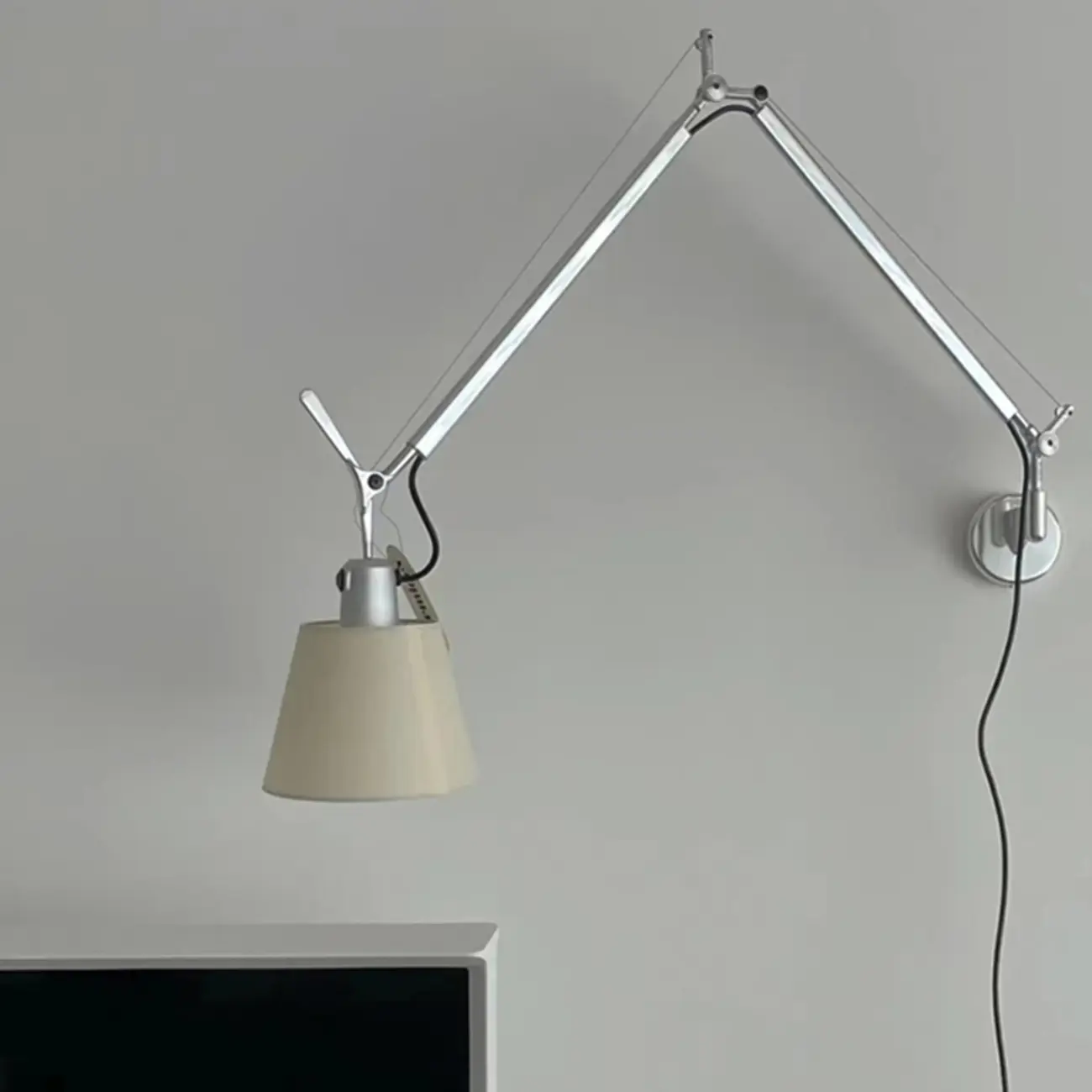 Modern Silver Swing Arm Wall Light with White Fabric Shade Image - 2 | homeyfad