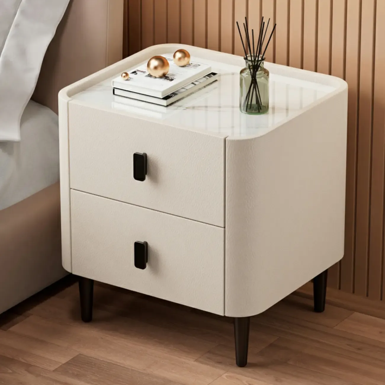Modern Leather Stone Tray Top 2-Drawer Nightstand Image - 2