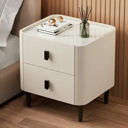 Modern Leather Stone Tray Top 2-Drawer Nightstand Image - 2