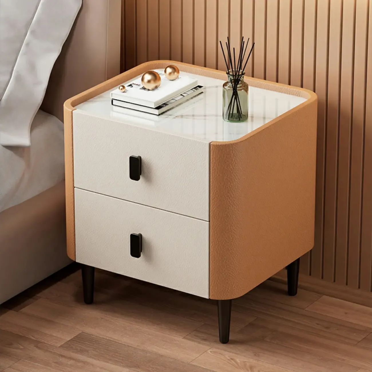 Modern Leather Stone Tray Top 2-Drawer Nightstand Image - 1