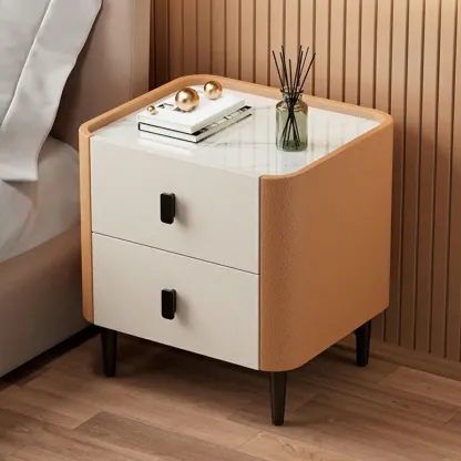 Modern Leather Stone Tray Top 2-Drawer Nightstand Image - 1