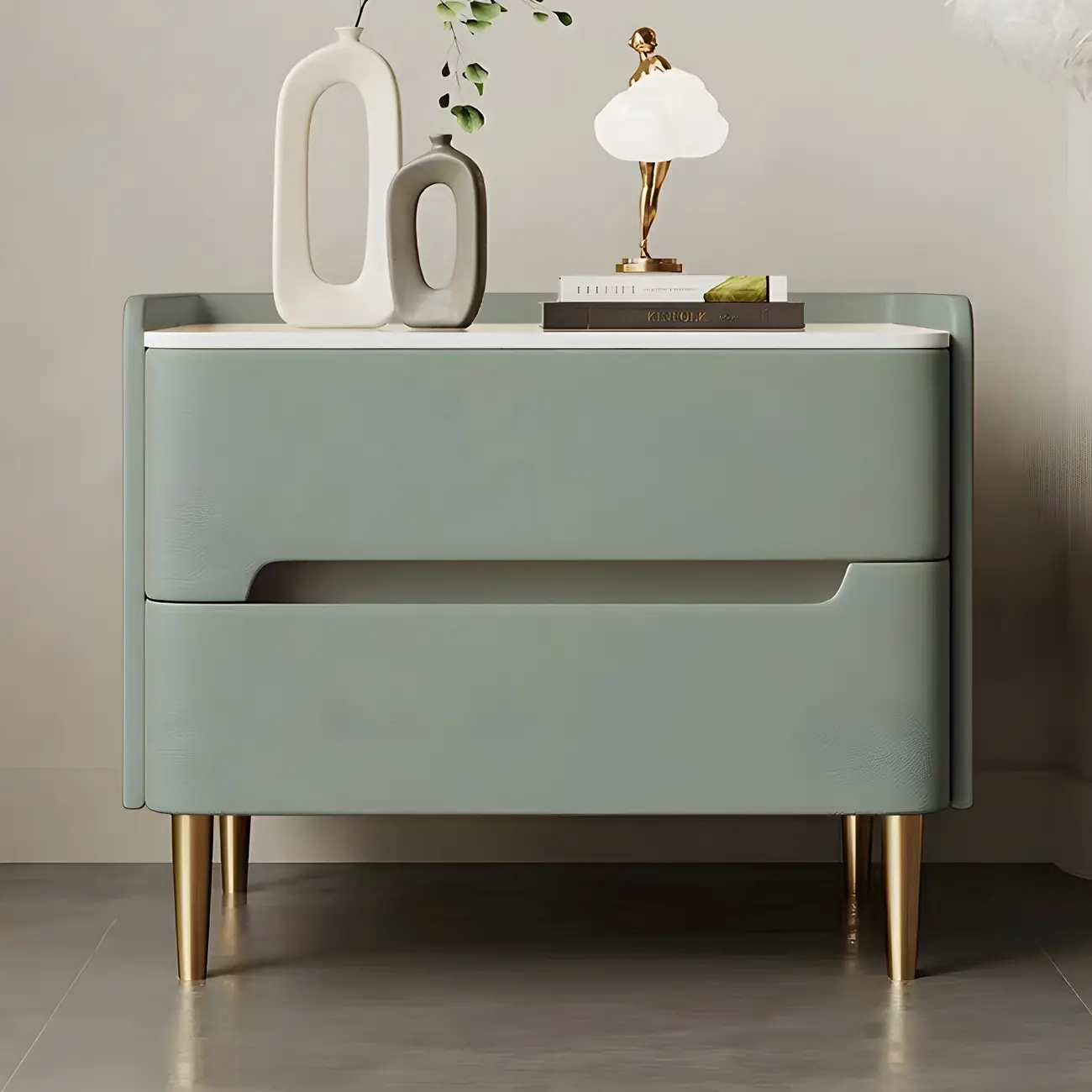 Elegant Green Wood Stone Top Gold Legs 2-Drawer Nightstand Image - 1 | homeyfad