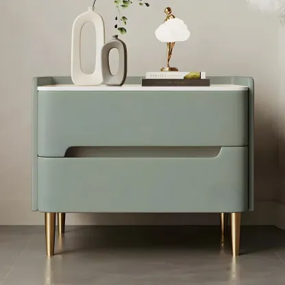 Elegant Green Wood Stone Top Gold Legs 2-Drawer Nightstand Image - 1