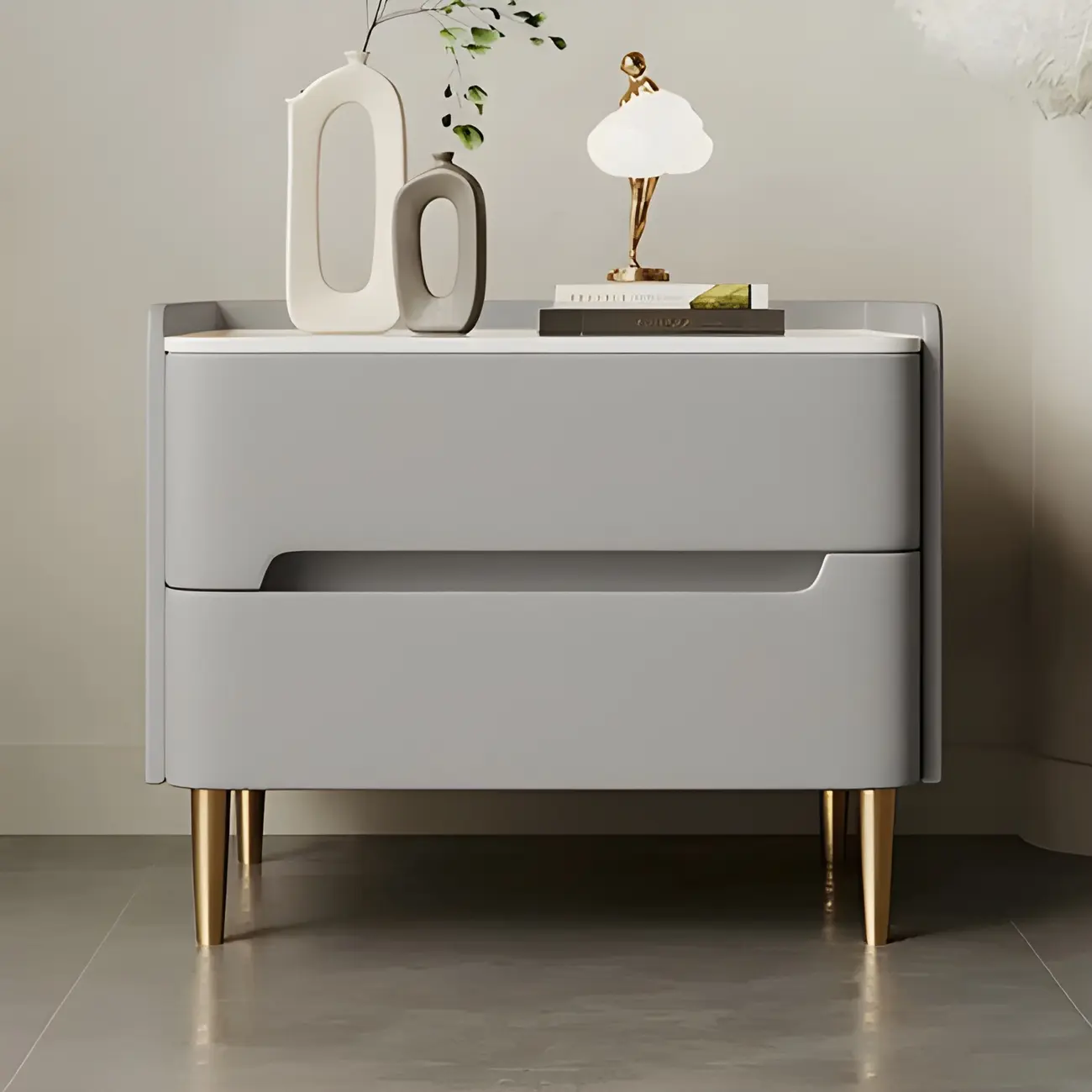 Elegant Green Wood Stone Top Gold Legs 2-Drawer Nightstand Image - 3 | homeyfad