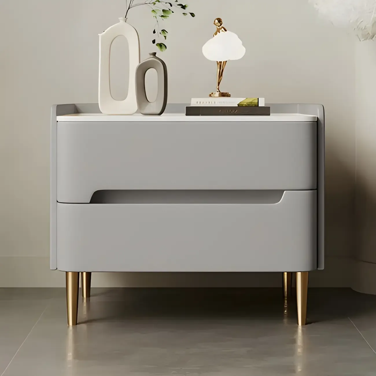 Elegant Green Wood Stone Top Gold Legs 2-Drawer Nightstand Image - 3