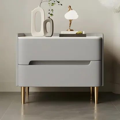 Elegant Green Wood Stone Top Gold Legs 2-Drawer Nightstand Image - 3