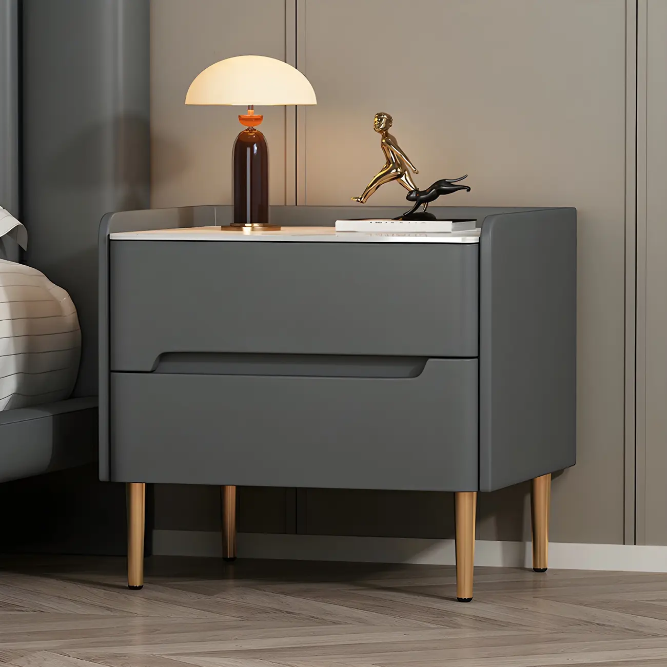 Elegant Green Wood Stone Top Gold Legs 2-Drawer Nightstand Image - 4 | homeyfad