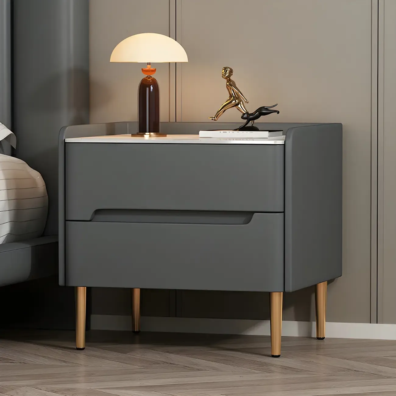 Elegant Green Wood Stone Top Gold Legs 2-Drawer Nightstand Image - 4