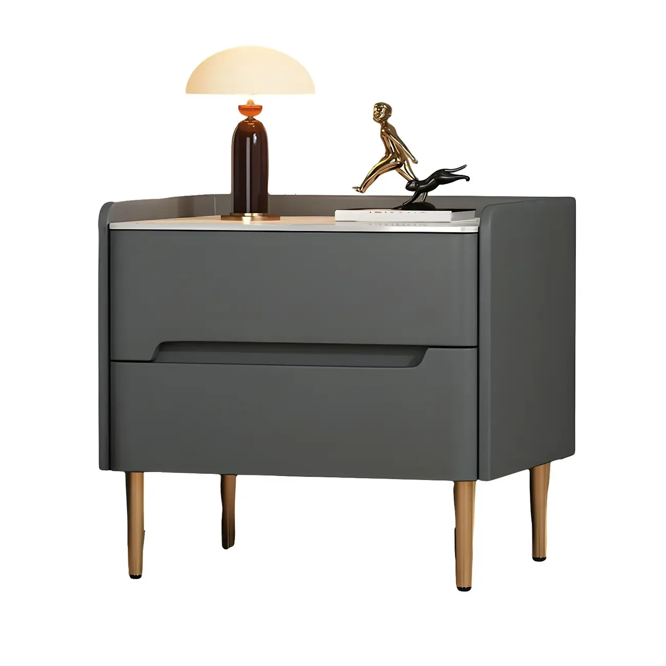 Elegant Green Wood Stone Top Gold Legs 2-Drawer Nightstand Image - 7