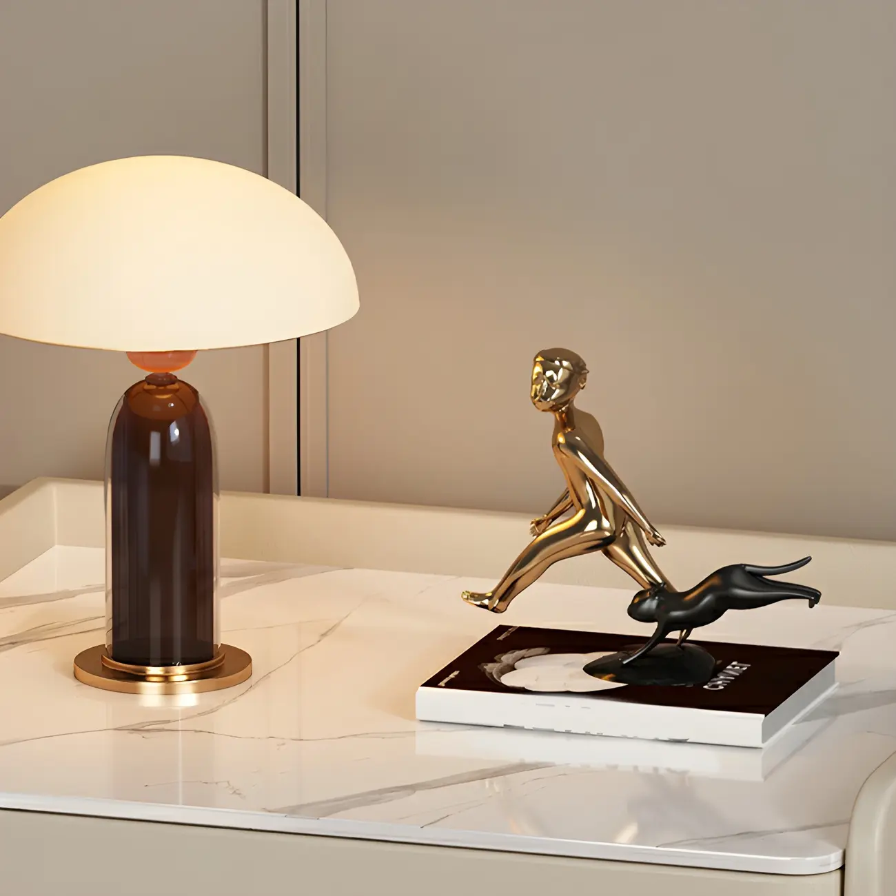 Elegant Green Wood Stone Top Gold Legs 2-Drawer Nightstand Image - 5 | homeyfad