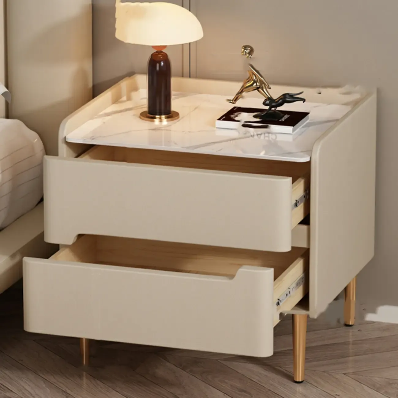 Elegant Green Wood Stone Top Gold Legs 2-Drawer Nightstand Image - 6