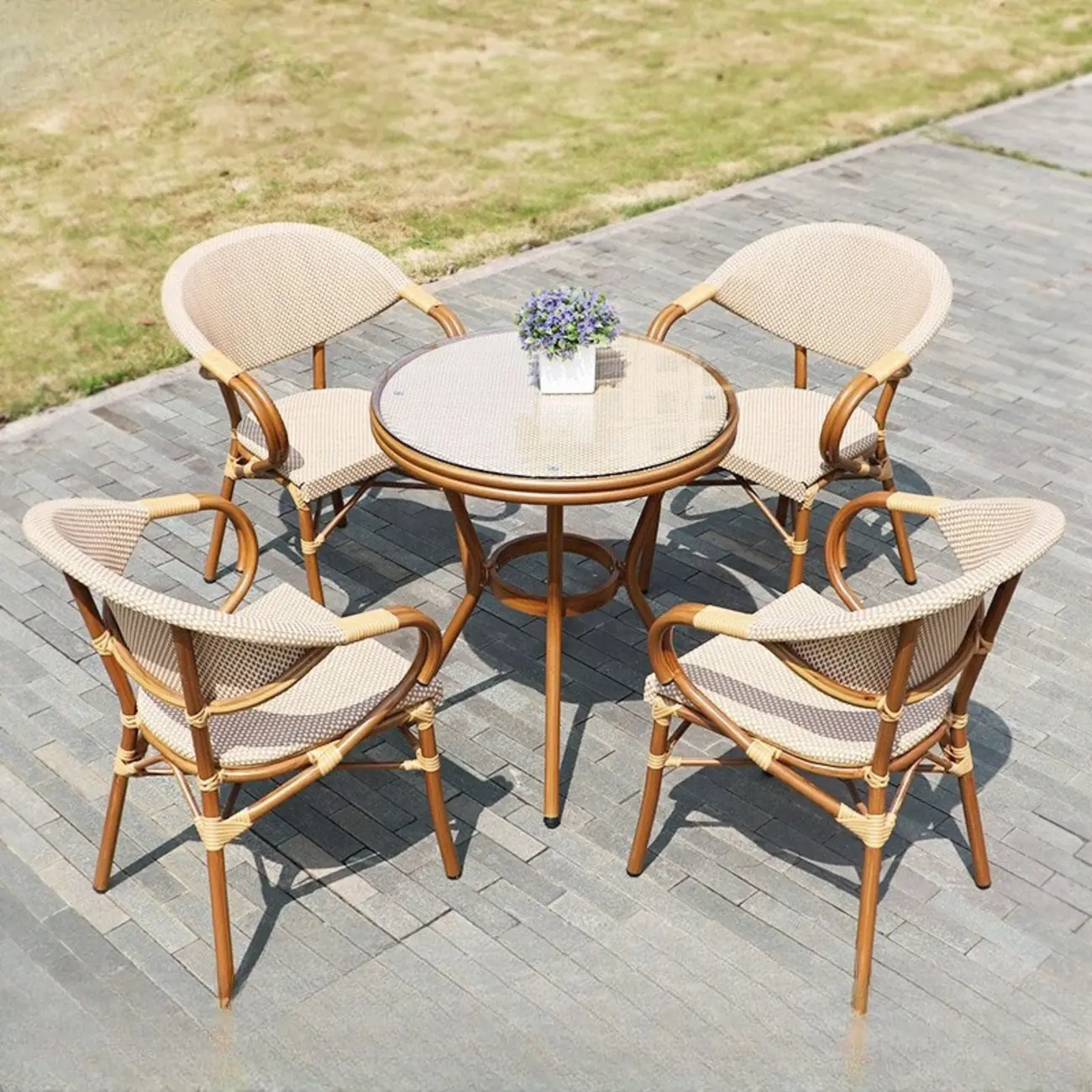 Glass Brown Wood Round Outdoor Dining Table Image - 1 | homeyfad
