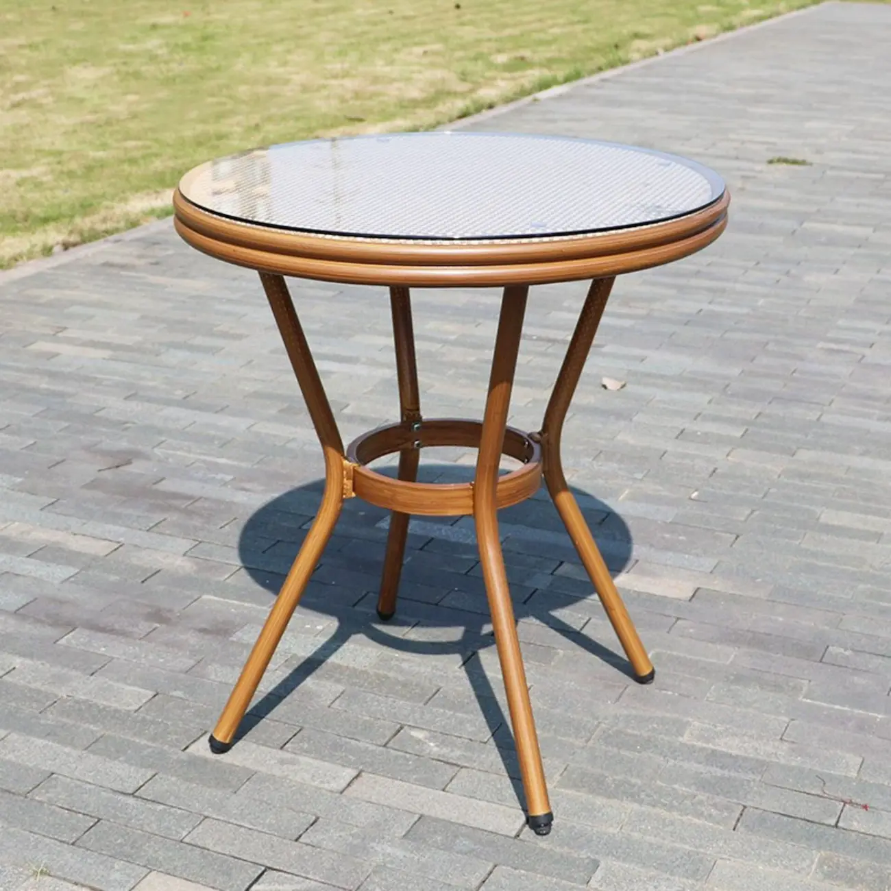 Glass Brown Wood Round Outdoor Dining Table Image - 2 | homeyfad