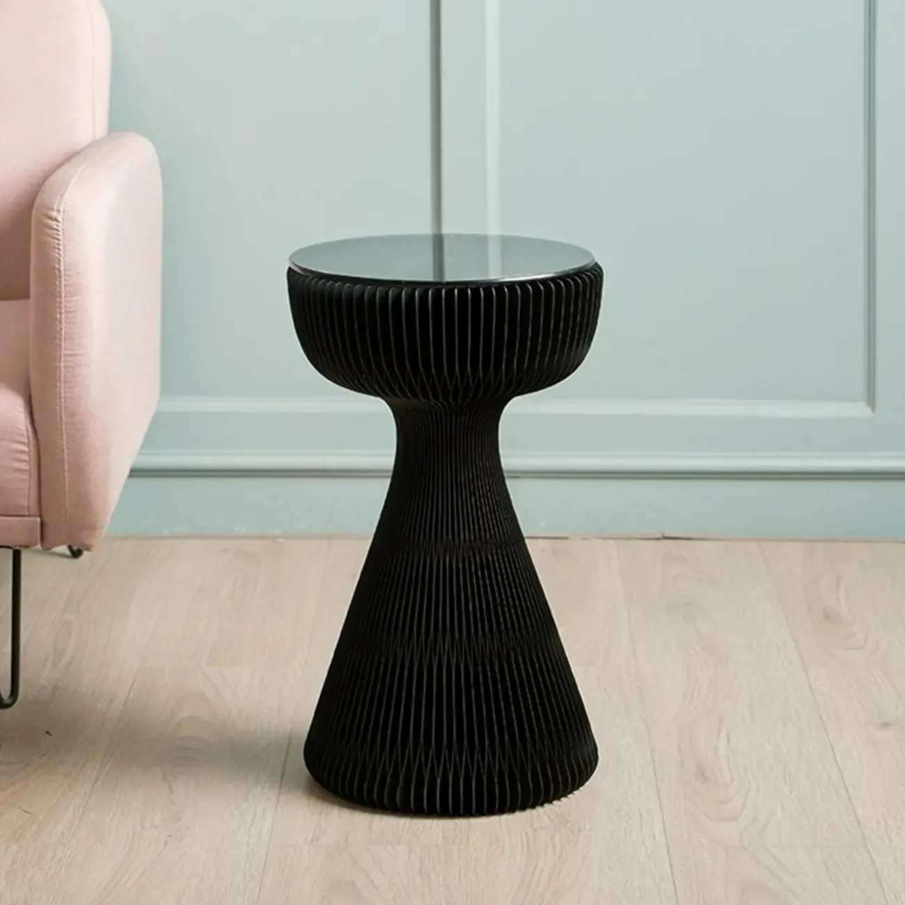 Minimalist Black Glass Round End Table with Collapsible Feature Image - 5