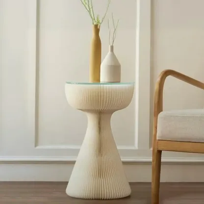 Minimalist Black Glass Round End Table with Collapsible Feature Image - 2