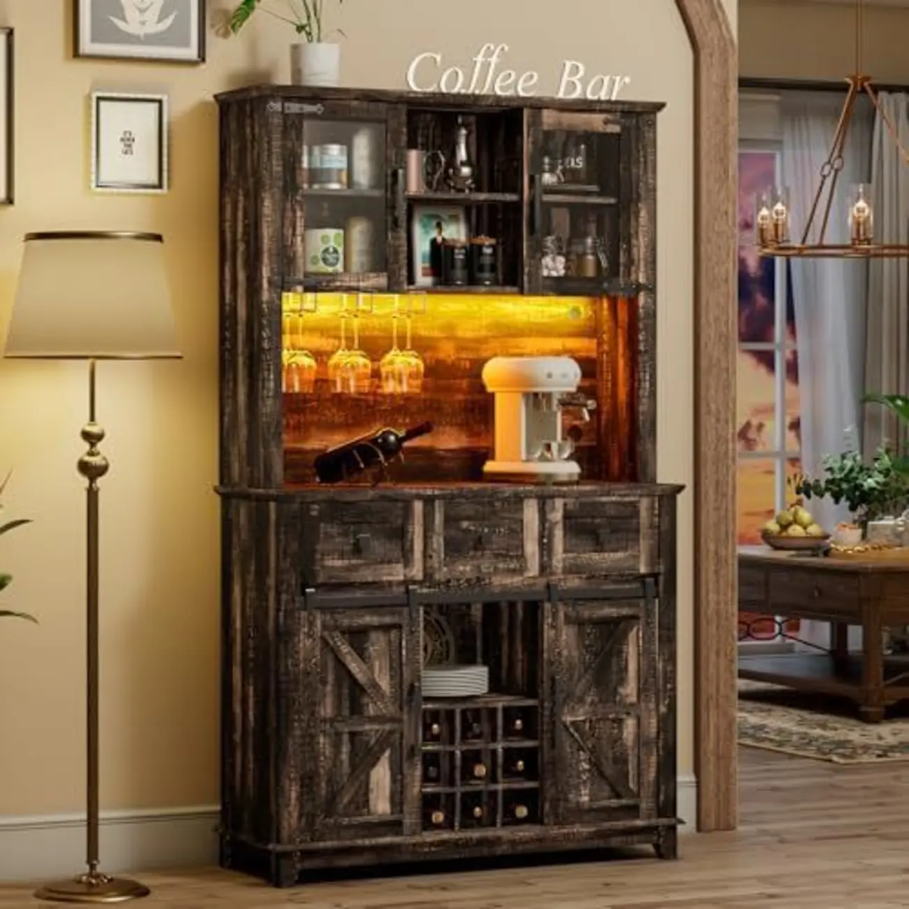 Led Lights Farmhouse Style Large Capacity Wine Cabinet | homeyfad
