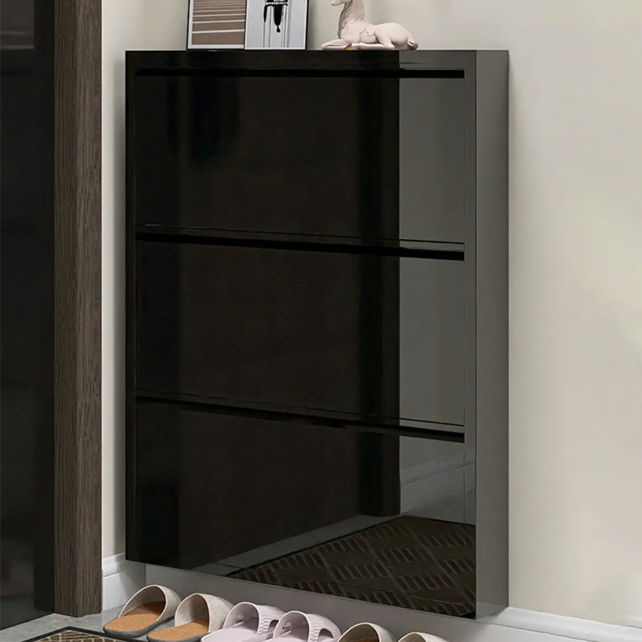 Gloss Black Wooden Slim Drop Front Shoe Cabinet Image - 3 | homeyfad