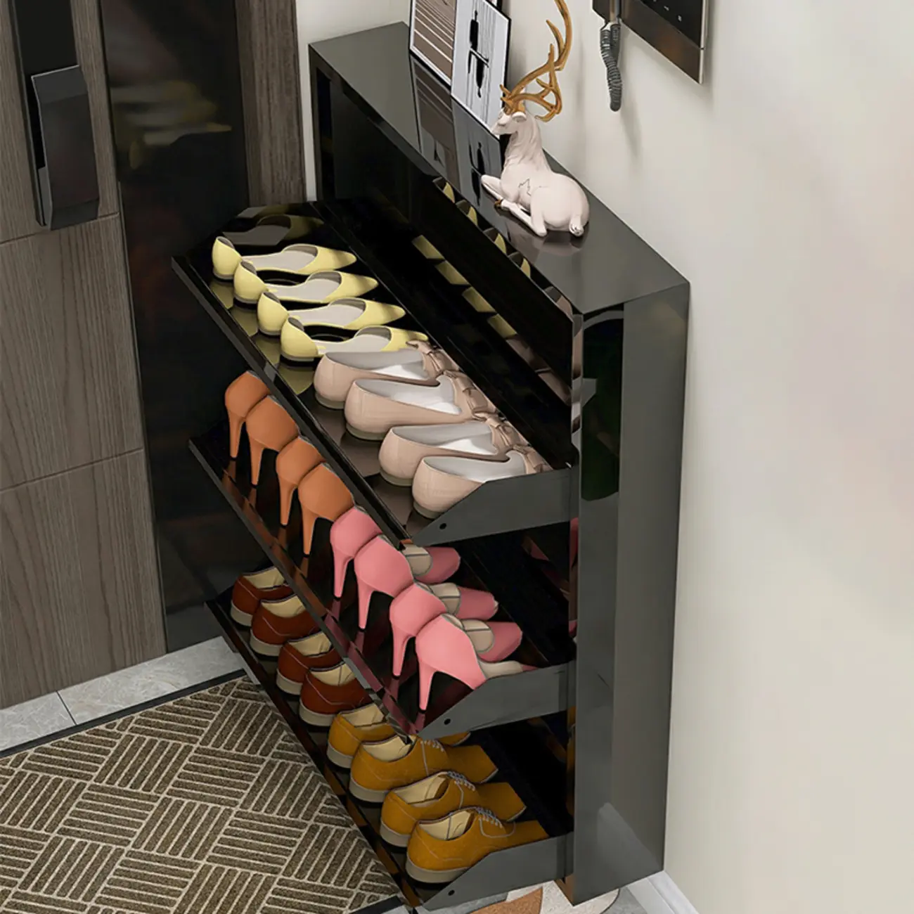 Gloss Black Wooden Slim Drop Front Shoe Cabinet Image - 1 | homeyfad