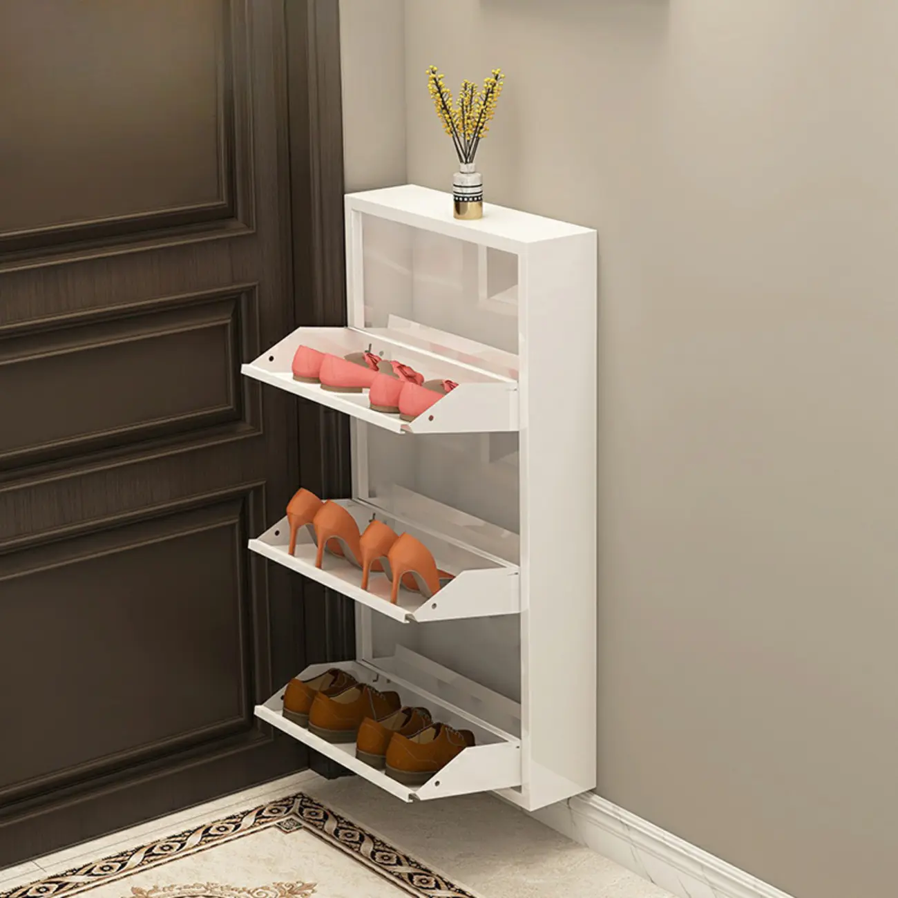 Gloss Black Wooden Slim Drop Front Shoe Cabinet Image - 4 | homeyfad