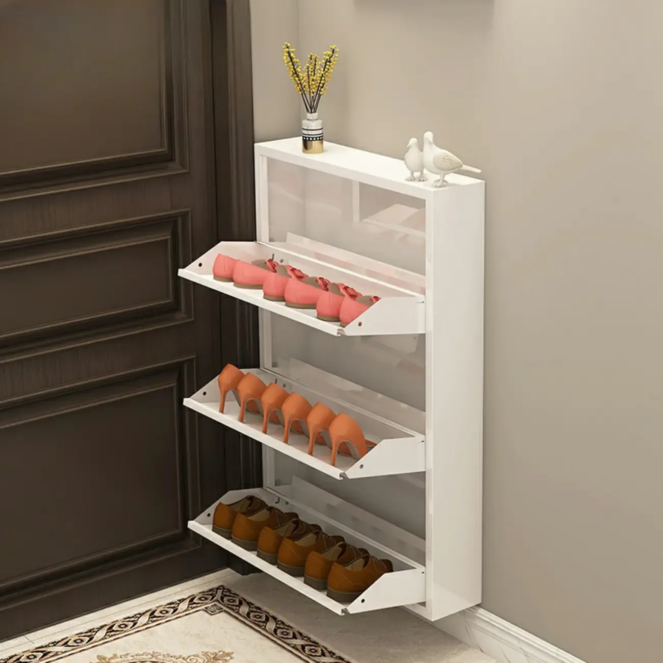 Gloss Black Wooden Slim Drop Front Shoe Cabinet Image - 5