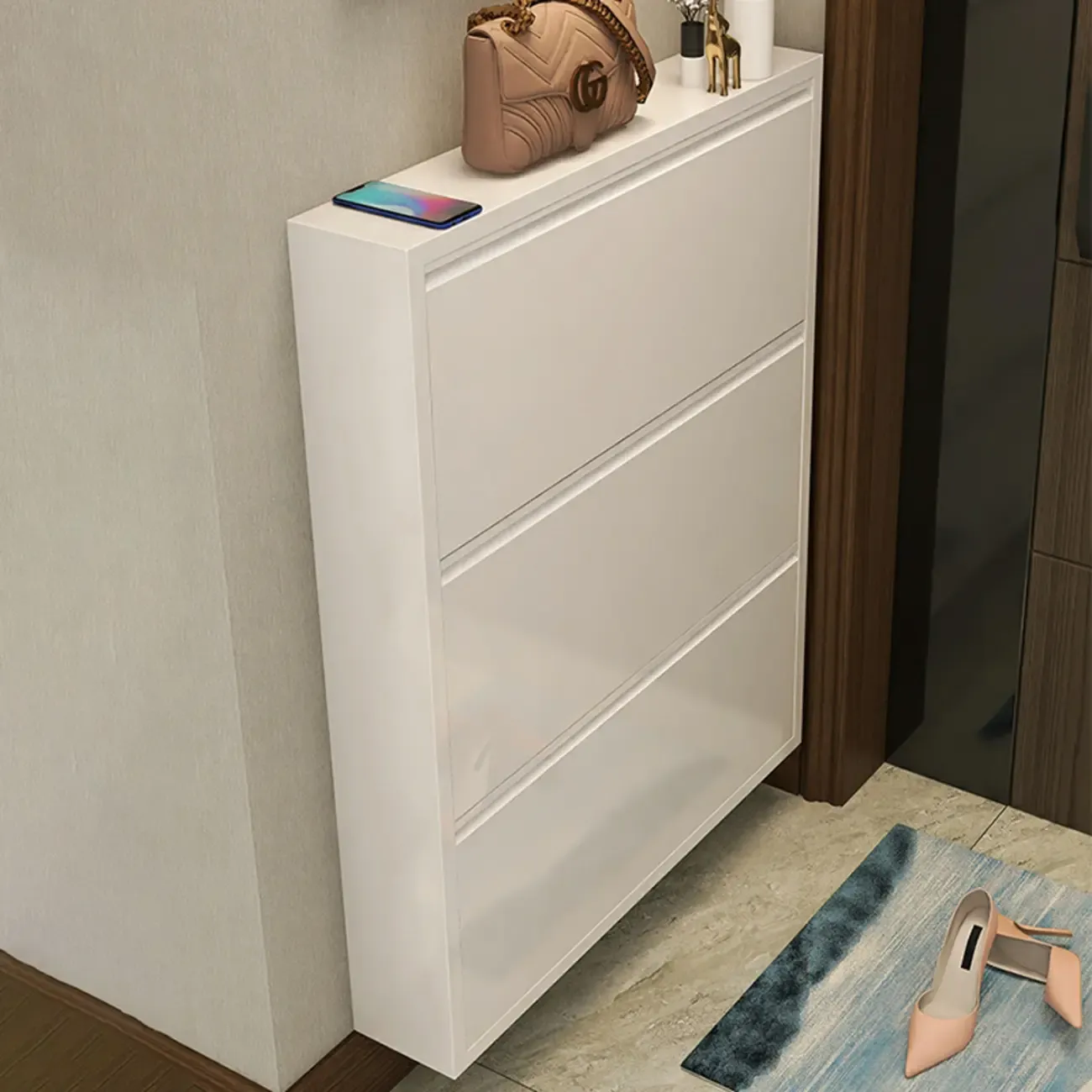 Gloss Black Wooden Slim Drop Front Shoe Cabinet Image - 6