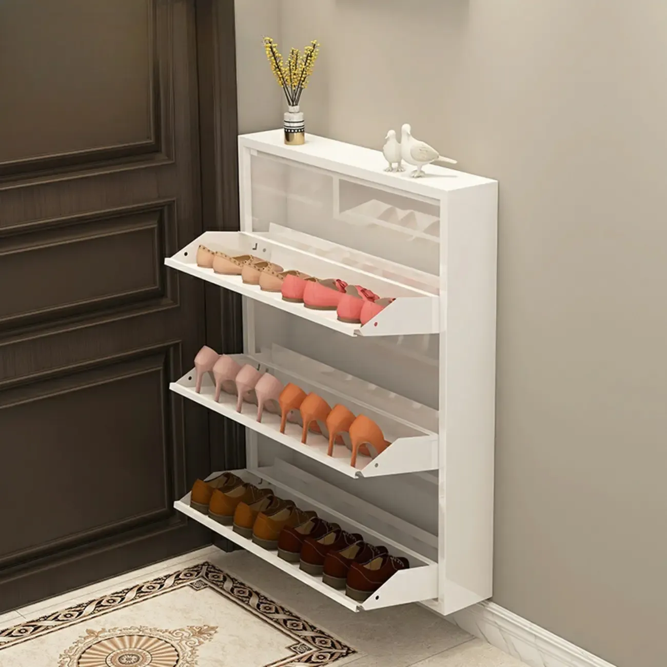 Gloss Black Wooden Slim Drop Front Shoe Cabinet Image - 7