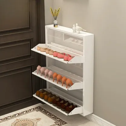 Gloss Black Wooden Slim Drop Front Shoe Cabinet Image - 7