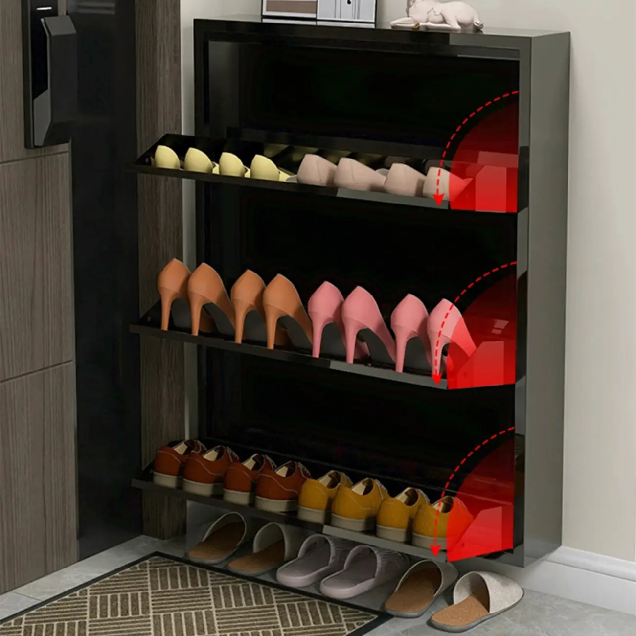 Gloss Black Wooden Slim Drop Front Shoe Cabinet Image - 8 | homeyfad
