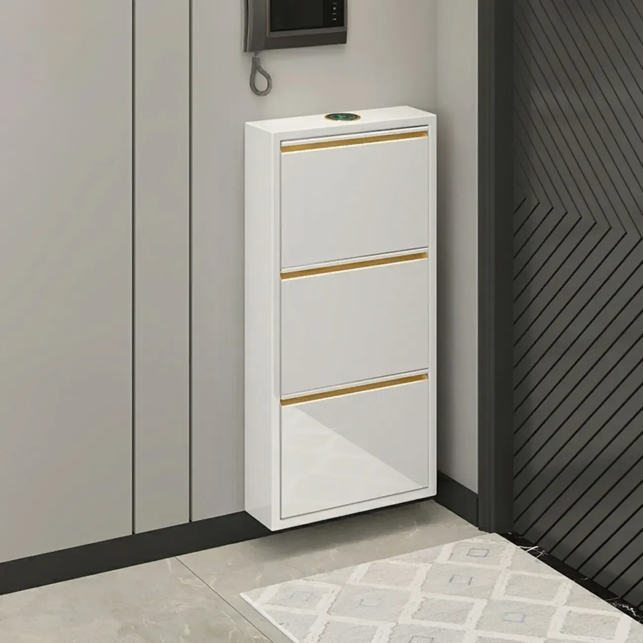 Gloss Black Wooden Slim Drop Front Shoe Cabinet Image - 9