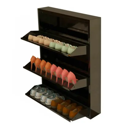 Gloss Black Wooden Slim Drop Front Shoe Cabinet Image - 10
