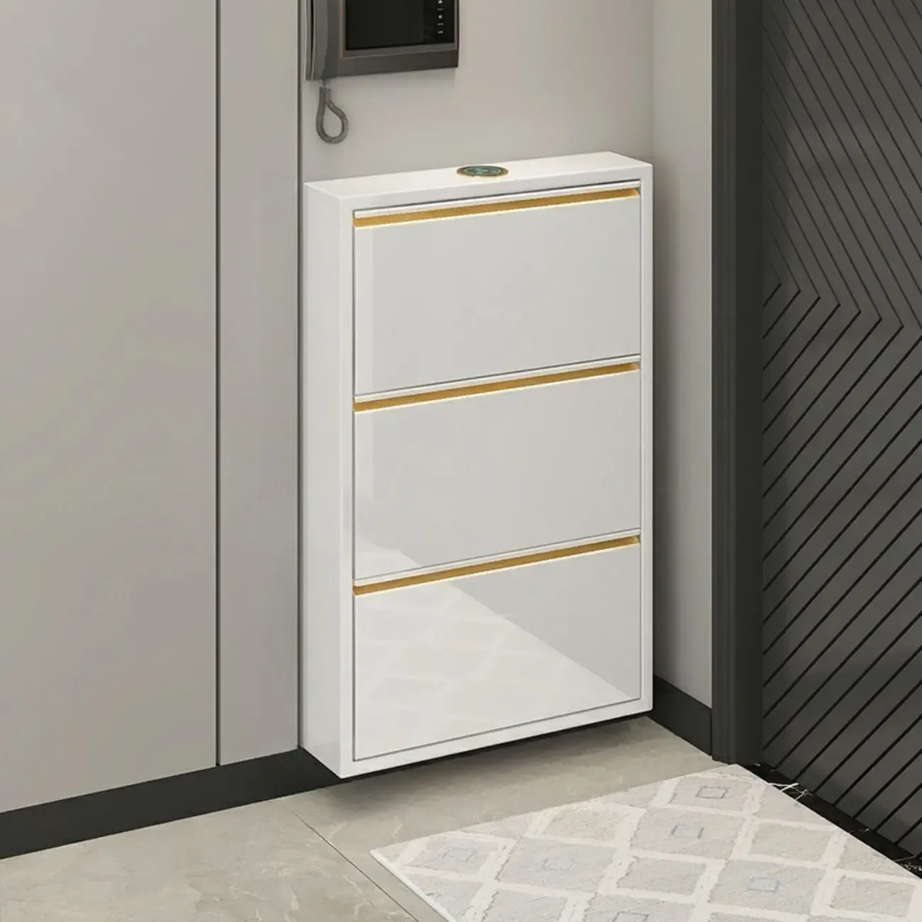 Gloss Black Wooden Slim Drop Front Shoe Cabinet Image - 11